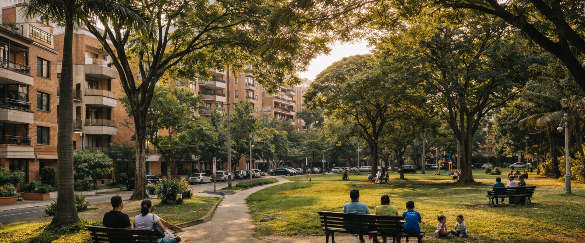 Families relaxing in a neighborhood park in Belén, Medellín
